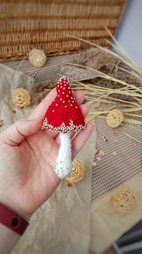 Rizhik_toys Handmade cotton brooch mushroom and beads decor/ red pins/ BOHO brooch gift