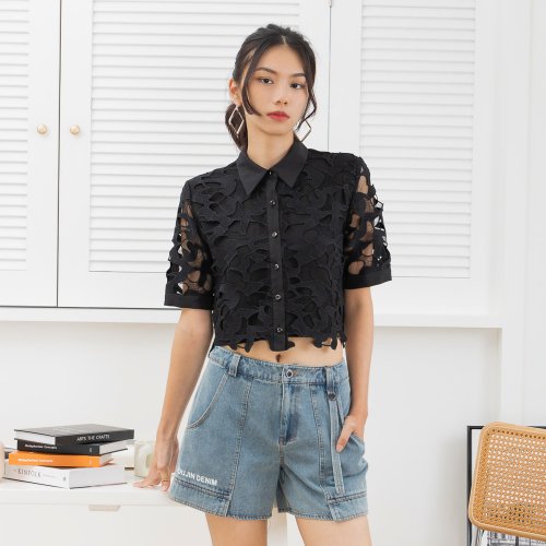 MEDUSA LADY 【MEDUSA】蕾絲鏤空短版襯衫上衣(M-XL) | 女短袖上衣 短袖襯衫