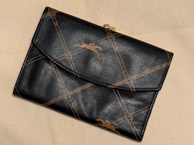 90年代 法製Longchamp 壓紋牛皮 老花口金中夾 中古包 古董包 - 皮夾/長短夾/錢包 - 真皮 咖啡色