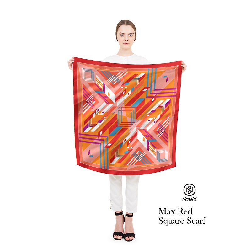 Max Red Square Scarf (Personalized name) - ผ้าพันคอ - ผ้าไหม หลากหลายสี
