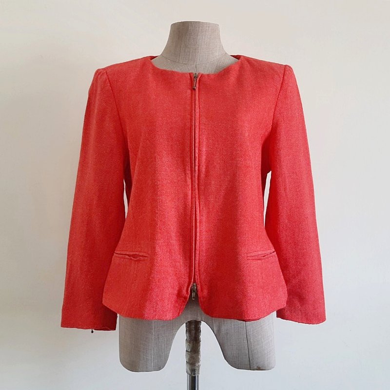 Medium Vintage ELEGANCE PARIS Red Wool Jacket Womens Herringbone Blazer M - เสื้อสูท/เสื้อคลุมยาว - วัสดุอื่นๆ สีแดง