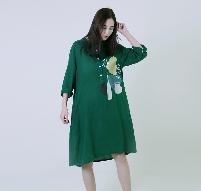 + long dress / green + - ชุดเดรส - ผ้าฝ้าย/ผ้าลินิน สีเขียว