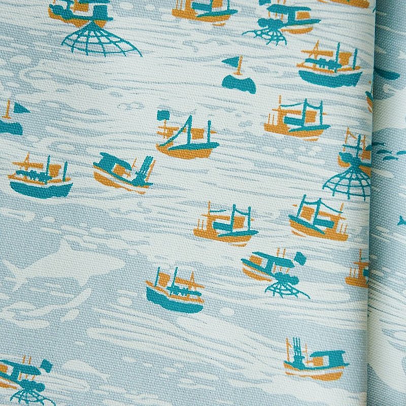 Hand-Printed Cotton Canvas - 250g/y / Boats / Water Blue - Knitting, Embroidery, Felted Wool & Sewing - Cotton & Hemp Blue