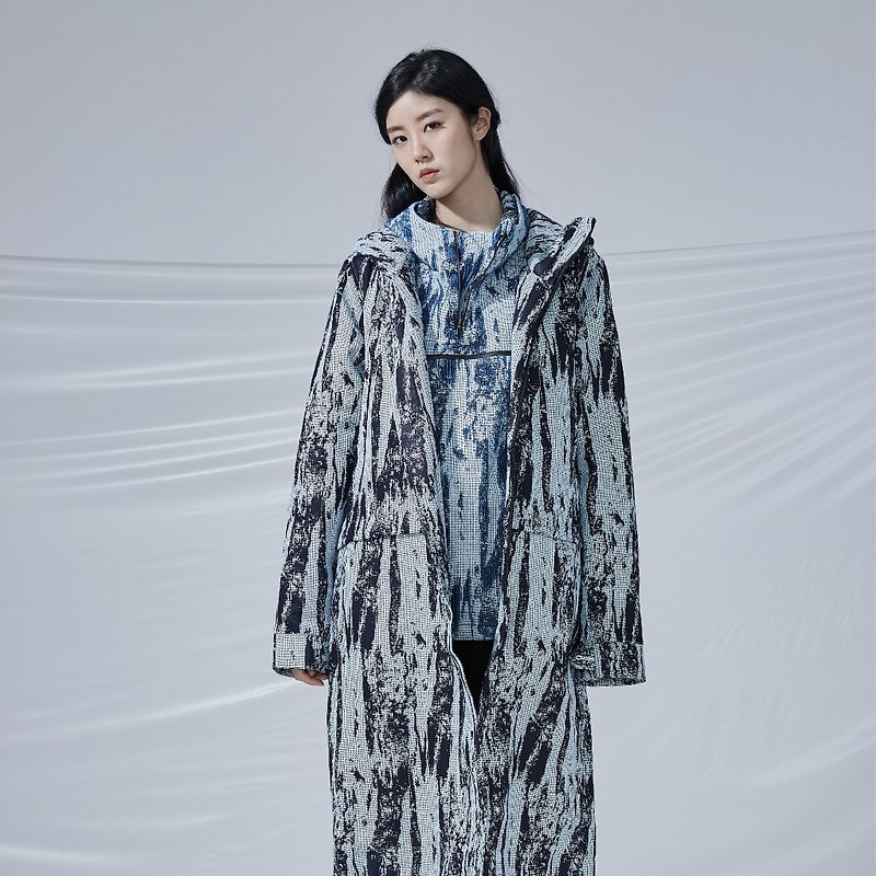 DYCTEAM-Brush Pattern Jacquard Padded Coat Jacquard Hooded Long Coat - เสื้อแจ็คเก็ต - ผ้าฝ้าย/ผ้าลินิน สีน้ำเงิน