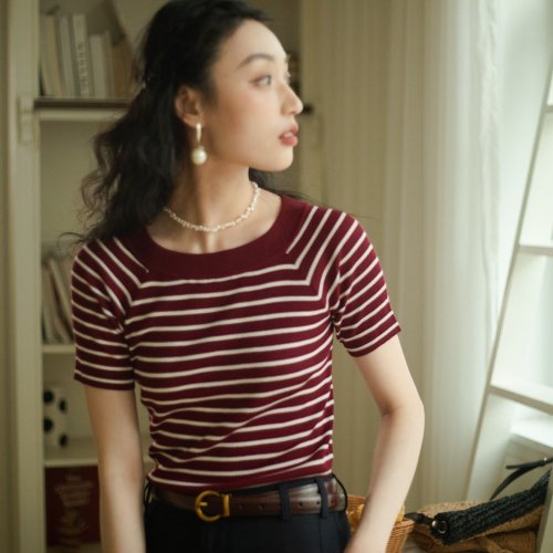 AnneChen安妮陳原創設計師品牌 安妮陳萊賽爾桑蠶絲條紋針織T恤女2025新款修身顯瘦時尚洋氣短袖