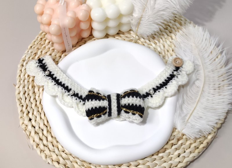 (法式簡約蝴蝶結珍珠)手製寵物頸帶/頸圈 - 針織 - 項圈/牽繩 - 棉．麻 多色
