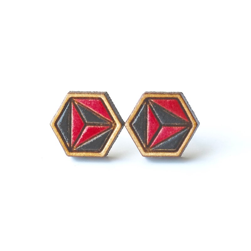 彩繪木耳環-三六角（黑紅） - 耳環/耳夾 - 木頭 紅色
