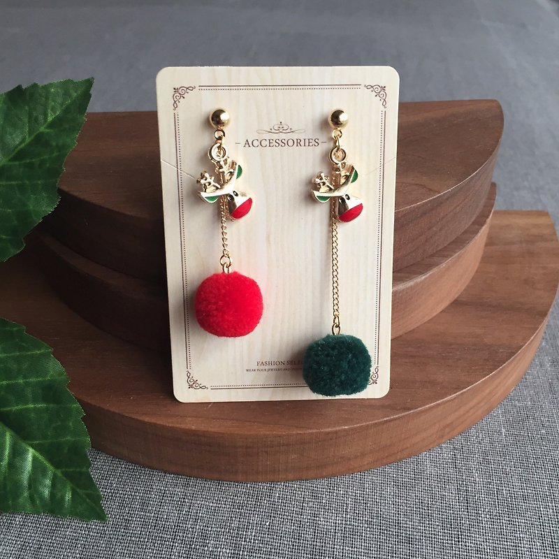 Christmas New Year gifts golden elk red green fur ball dangle drop earrings - Earrings & Clip-ons - Wool Multicolor