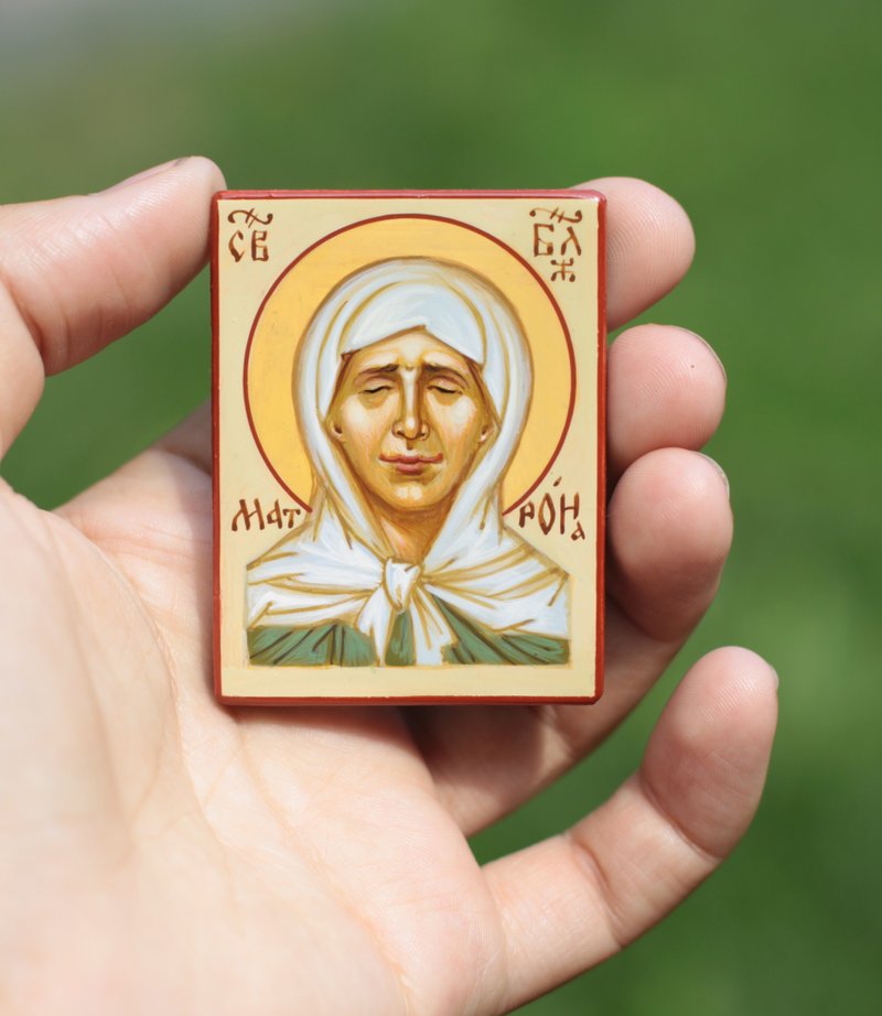 hand painted orthodox wood icon Saint Holy Matrona Moscow Religious pocket size - 其他 - 木頭 卡其色