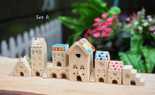 小房子裝可愛手作村/BJ Art Village 歐洲彩繪糖果小屋11件組/AB兩款-糖果教堂x1+小房子x7+迷你樓梯x3