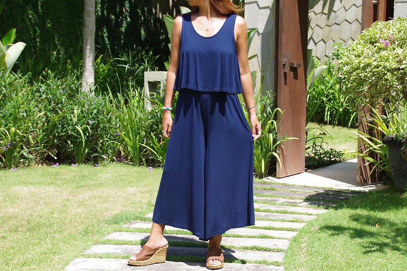 Adult sleeveless wide pants all-in-one navy - Women's Pants - Other Materials Blue