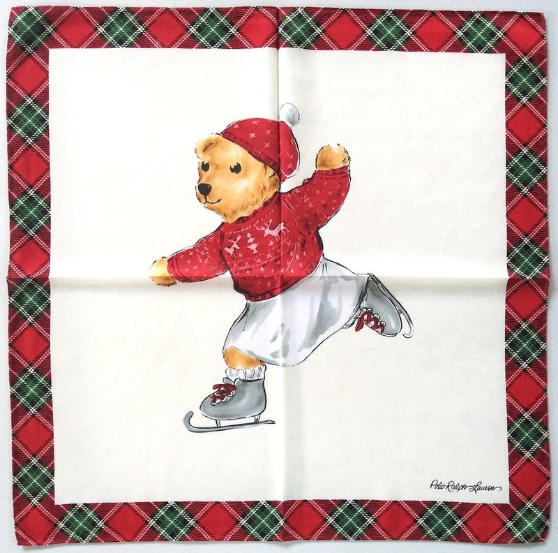 Polo Ralph Lauren Vintage Handkerchief Bear Ice Skating 20 x 20 inches - ผ้าเช็ดหน้า - ผ้าฝ้าย/ผ้าลินิน สีแดง