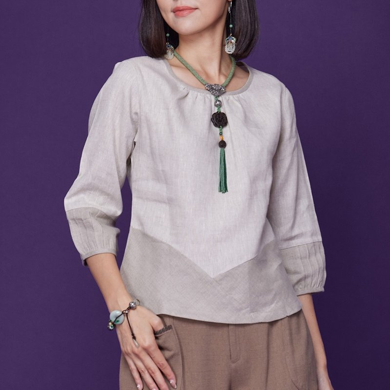 古典美 亞麻配色顯瘦上衣【58010】 - 女上衣/長袖上衣 - 棉．麻 白色