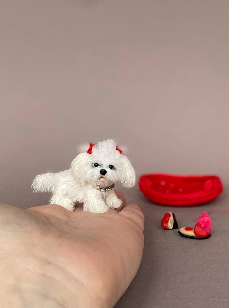 Miniature puppy maltese- cute pet for doll and dollhouse. Realistic dog maltipoo - Stuffed Dolls & Figurines - Thread White