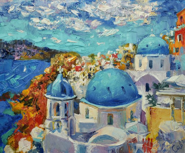 ギリシャ絵画サントリーニオリジナルアート都市景観アートワーク油風景インパスト - ショップ ArtDivyaGallery ポスター・絵 -  Pinkoi