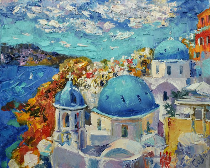 Greece Painting Santorini Original Art Cityscape Artwork Oil Landscape Impasto - 掛牆畫/海報 - 木頭 多色