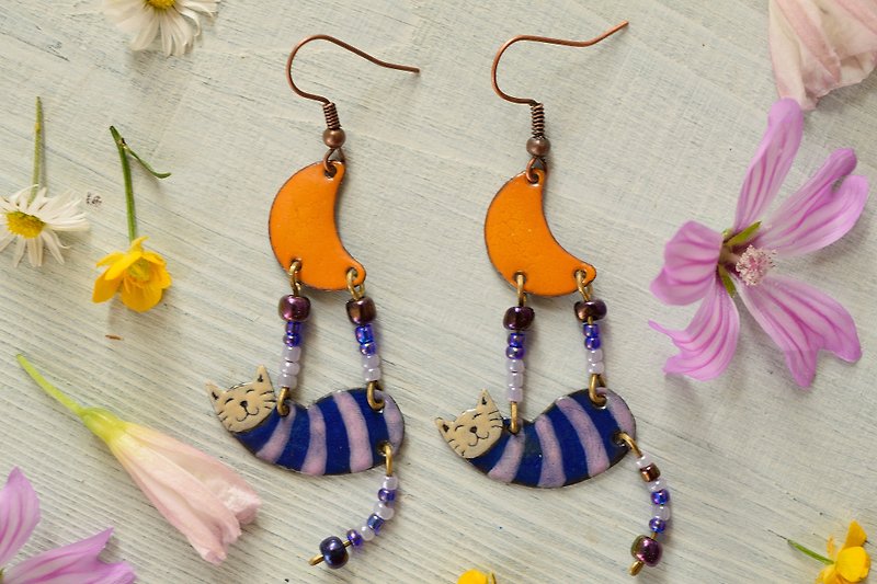 Jerwelry, Earrings, Cat Earrings, Enamel Jewelry, Purple, Orange, Stiped, - 耳環/耳夾 - 琺瑯 紫色