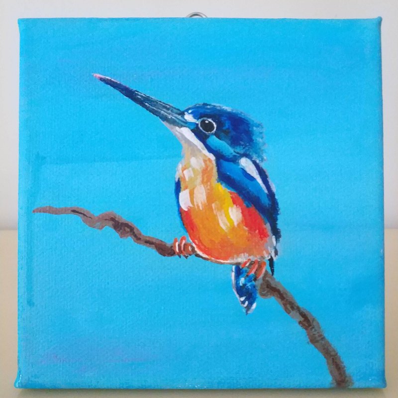 Another unique original oil painting of Kingfisher Resting by the Stream - ตกแต่งผนัง - ผ้าฝ้าย/ผ้าลินิน 