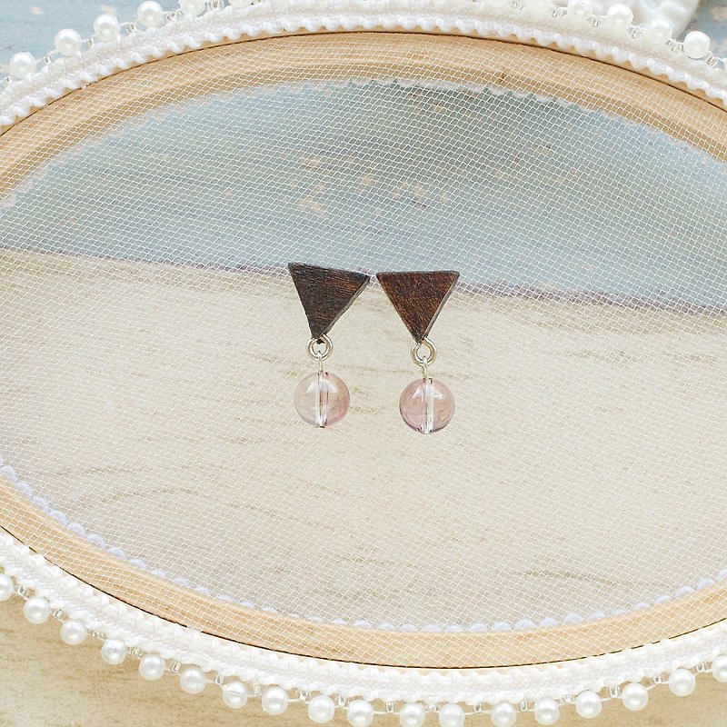 三角形原木 粉紅水晶 手工耳環 純銀耳針 禮物訂製 - 耳環/耳夾 - 木頭 粉紅色