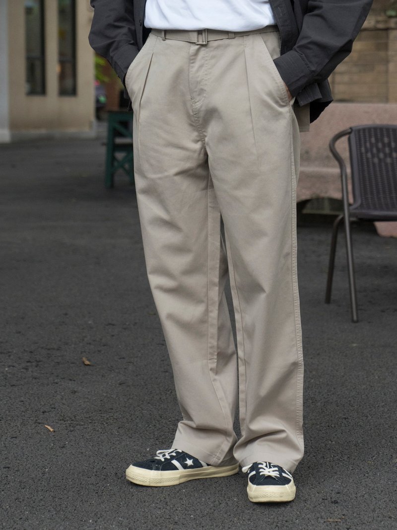 PANTS 日系復古直筒寬鬆休閒褲 淺卡其繫帶設計感通勤工裝長褲 - 男長褲/休閒褲 - 棉．麻 卡其色