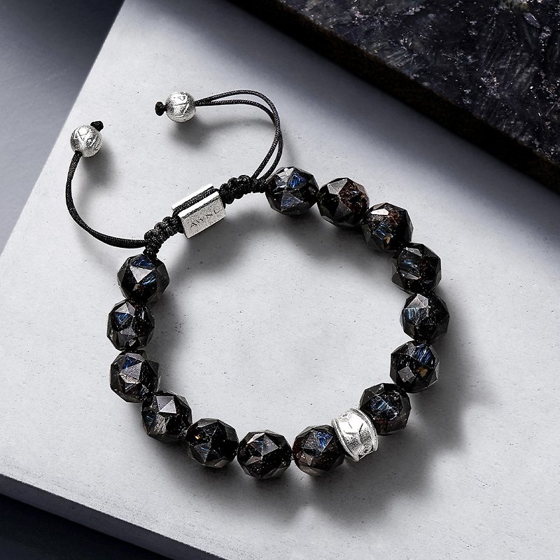 Men's Nuummite Beaded Bracelet with Healing Runes Charm - Bracelets - Crystal Black