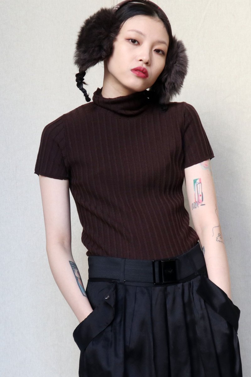 カボチャヴィンテージ。 PAULEKAブラウンウールニットタートルネック半袖トップス - ニット・セーター - ウール ブラウン