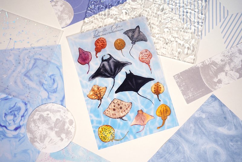 【Manta】魔鬼魚 魟魚 水彩插畫 和紙貼紙 手帳 海洋 海洋生物 - 貼紙 - 紙 藍色