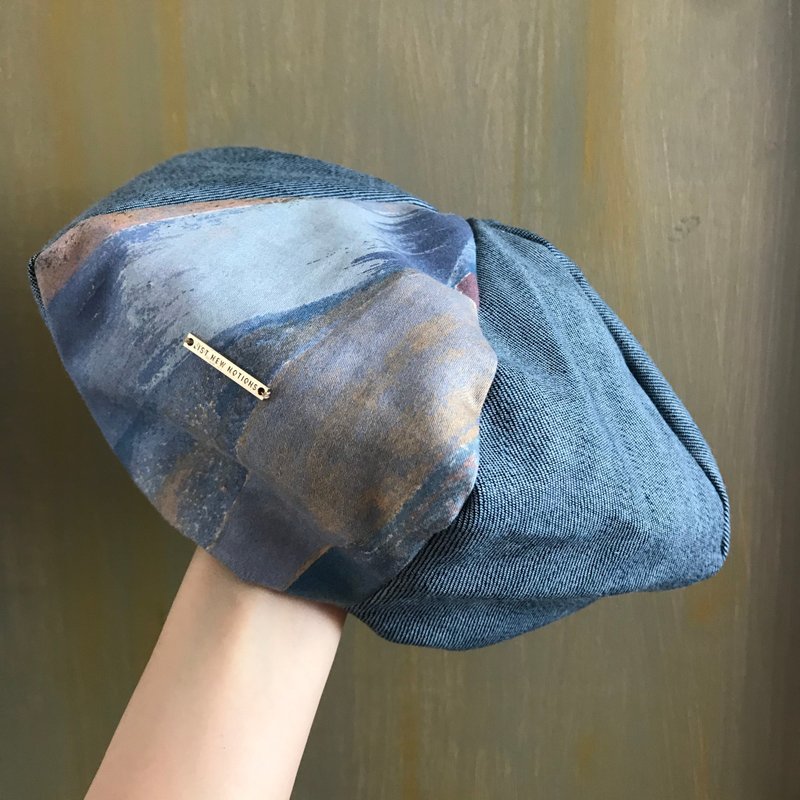 Beret 貝雷帽 | 畫家帽 | 六邊剪裁 | 牛仔藍配英國印花布 - 帽子 - 棉．麻 藍色