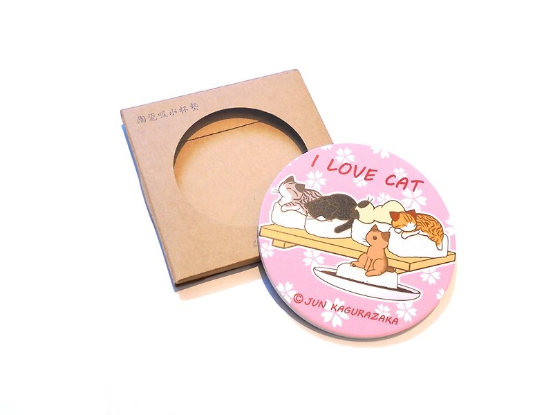 猫セラミック吸収コースター〜ピンクさくら寿司猫 - コースター - 陶器 ピンク