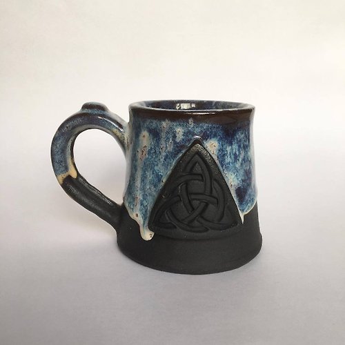 Reiter Crafts Trinity knot Triquetra in circle blue and black galaxy glazed stoneware mug
