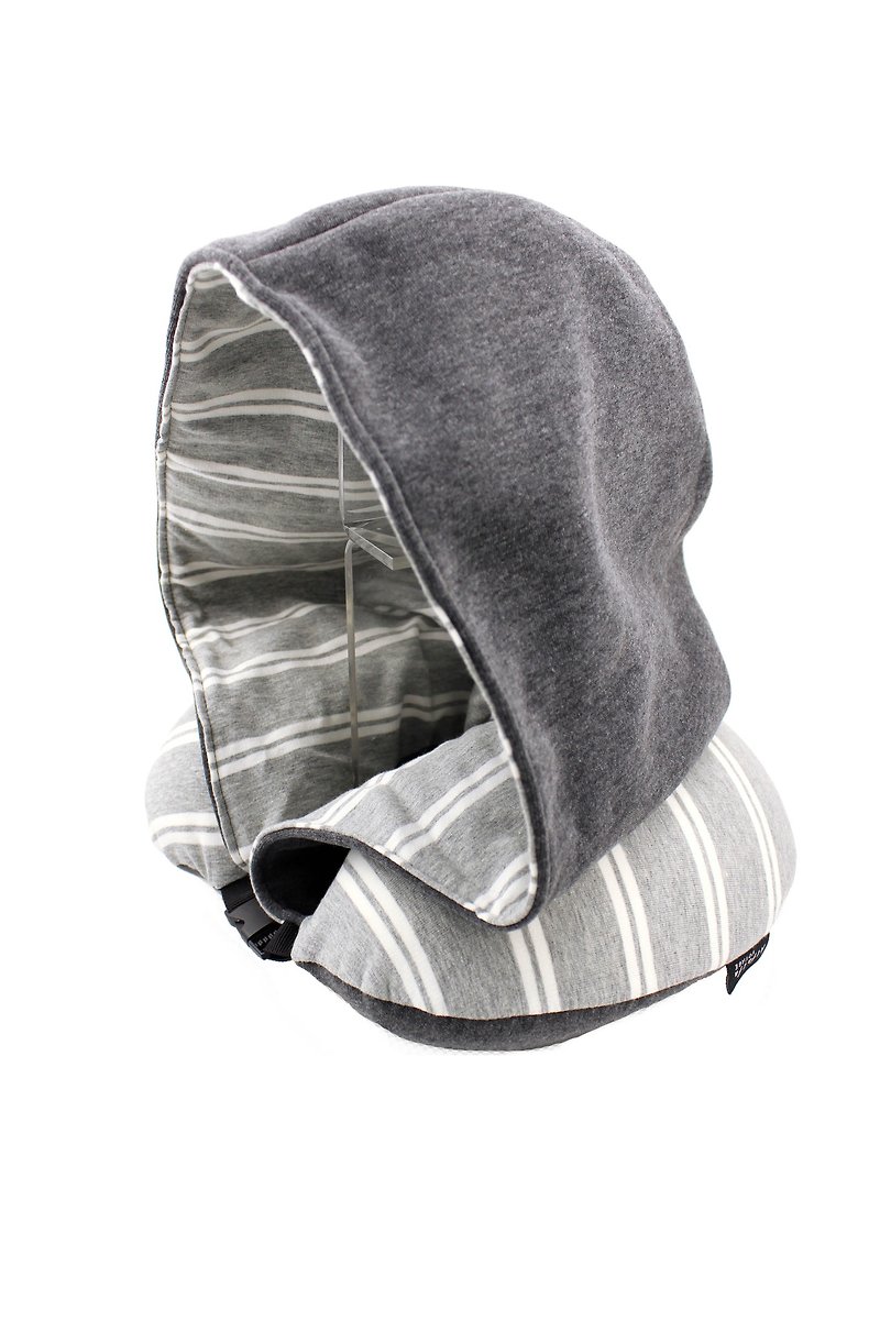 Strip Grey White Hoodie Memory Foam Neck Cushion - Hats & Caps - Cotton & Hemp 
