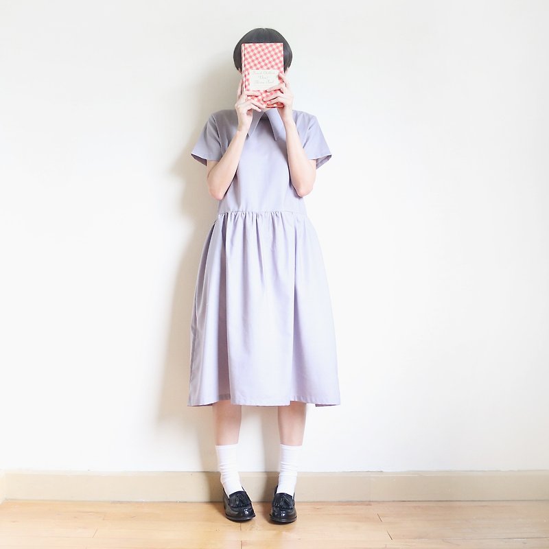 oxford big collar gathered dress : lilac - ชุดเดรส - ผ้าฝ้าย/ผ้าลินิน สีม่วง