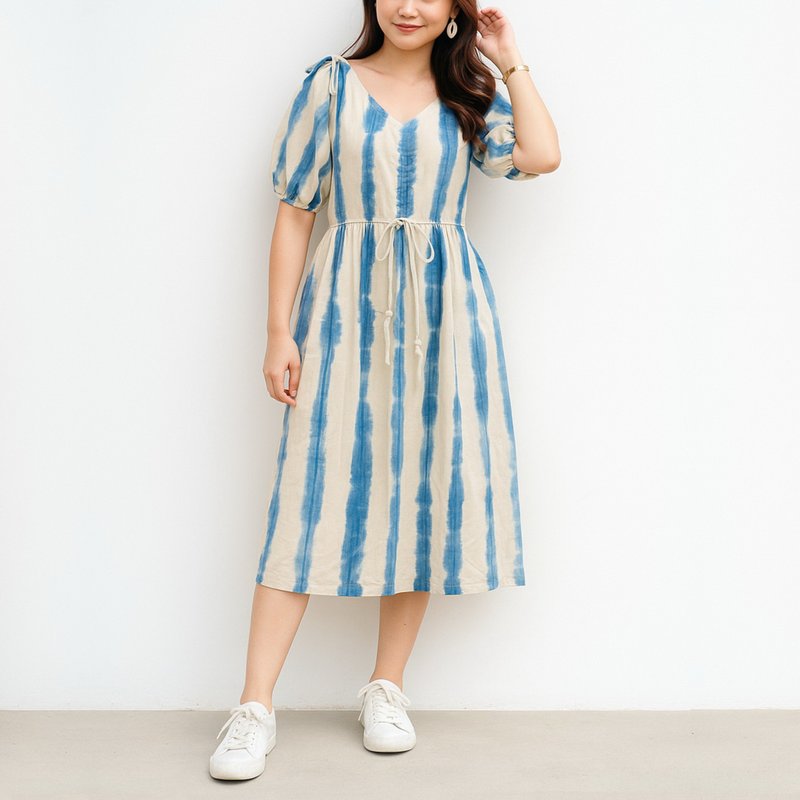 Mini V-Neck Stripe Dress - 靛藍色紮染褶飾連身裙 - 洋裝/連身裙 - 棉．麻 藍色