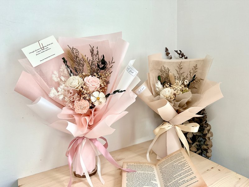 Large dry preserved bouquet pink rose preserved flower bouquet Valentine's Day dried flower roses - ช่อดอกไม้แห้ง - พืช/ดอกไม้ สึชมพู