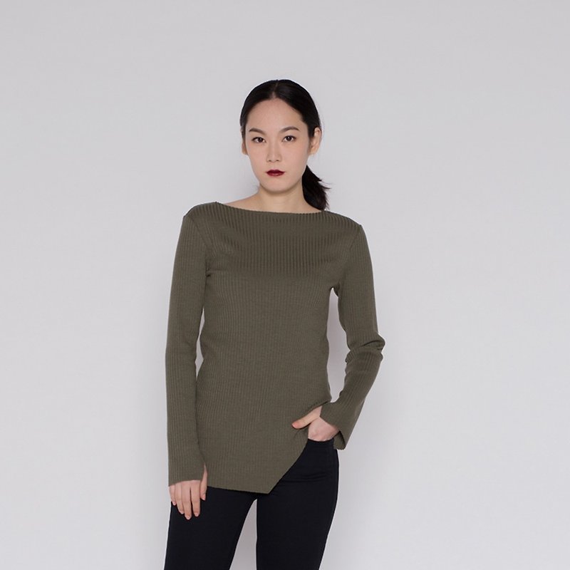 [End of year surprise] Bateau Neck Ribbed Knitwear - Women's Tops - Polyester Green
