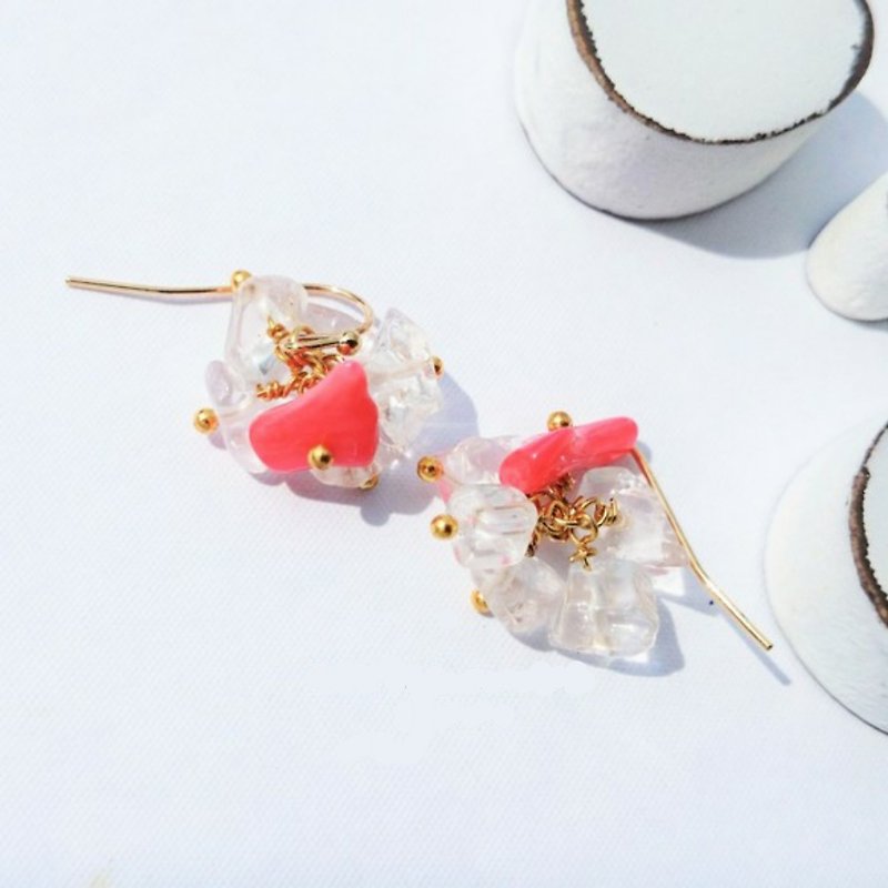 coral pink*crushed ice pierced earring - 耳環/耳夾 - 其他金屬 粉紅色