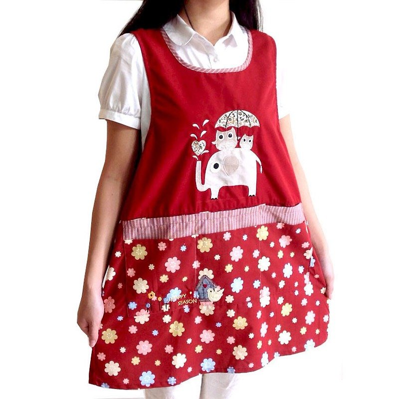 [BEAR BOY] Japanese style six-pocket apron-lucky elephant owl-red - ผ้ากันเปื้อน - วัสดุอื่นๆ 
