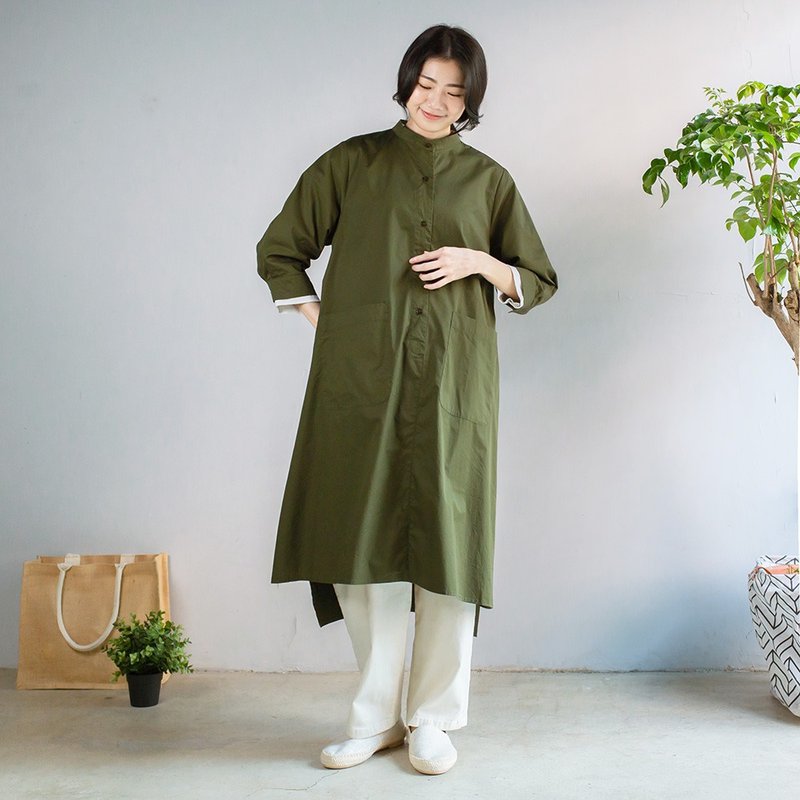簡約街頭風純色洋裝 軍綠 F - 女大衣/外套 - 棉．麻 綠色