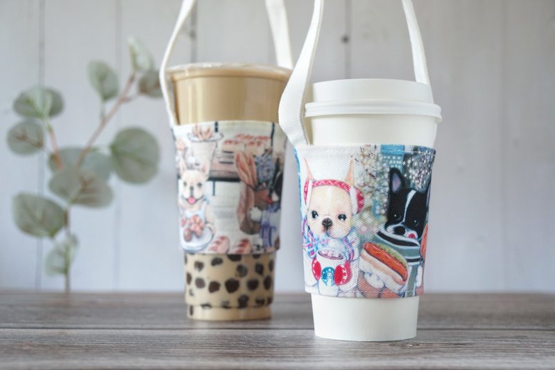 French Bulldog's Illustrated Cup Holder (Full Set of 2) - ถุงใส่กระติกนำ้ - ผ้าฝ้าย/ผ้าลินิน ขาว