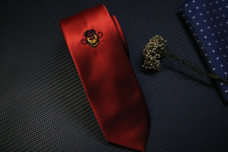红色蜜蜂刺绣真丝领带雅痞礼盒装窄版necktie - 領帶/領帶夾 - 絲．絹 紅色