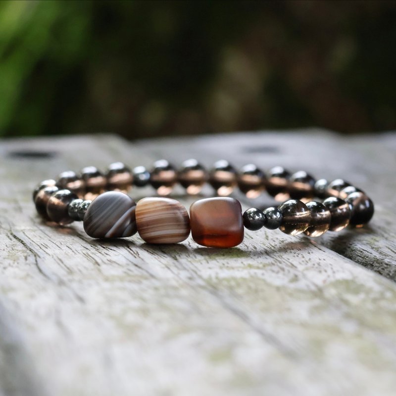 【Refinement】Plate Dzi Bead & Smoky Quartz Bracelet - สร้อยข้อมือ - คริสตัล 