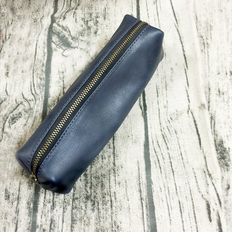 Leather pencil case cosmetic bag - กล่องดินสอ/ถุงดินสอ - หนังแท้ สีน้ำเงิน
