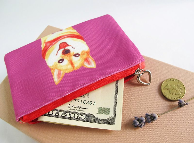 柴犬 紫紅 零錢包 小錢包 小狗 - 化妝包/收納袋 - 棉．麻 紫色