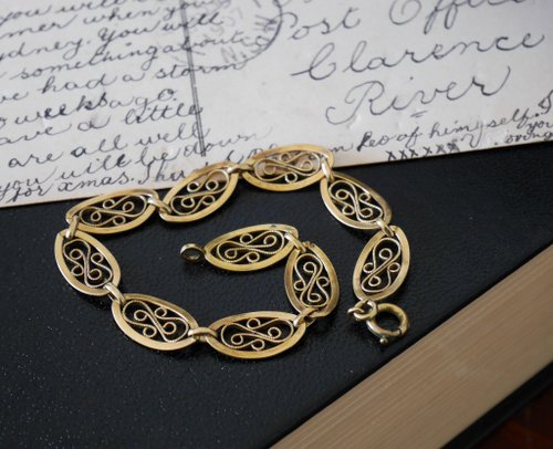 英国　アンティーク　ブレスレッド　ロールドゴールド MIXED GOTHIC LINK CHAIN 18k Yellow Gold / DIAMOND / 7inch