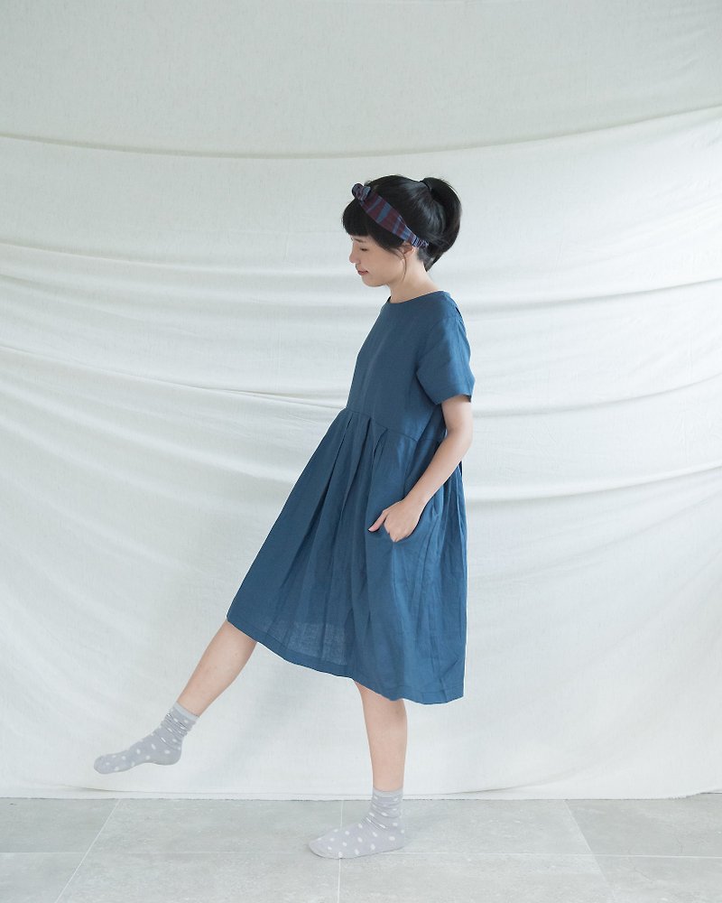 Aegean Pleated Linen Dress - 洋裝/連身裙 - 亞麻 藍色