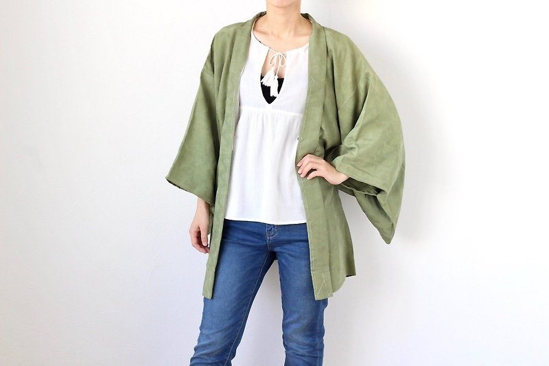 green pine needle kimono, EXCELLENT VINTAGE, kimono jacket /3941 - 外套/大衣 - 絲．絹 綠色