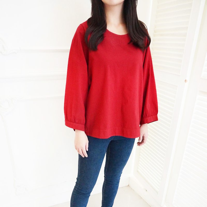 Cotton wide-sleeved shirt / Burgundy - Women's Tops - Cotton & Hemp Red