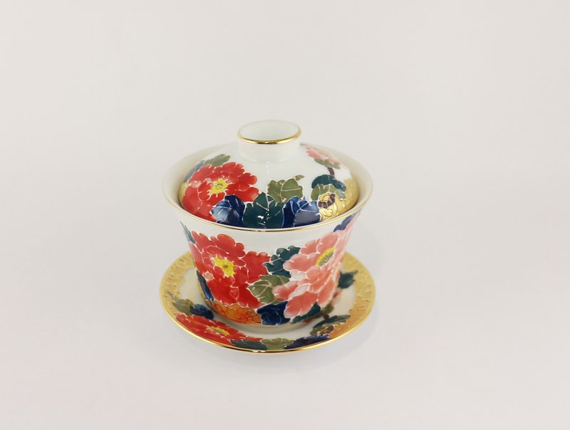 Pure hand-painted teacup-partial gilt peony (three-piece lid cup)-safflower - Teapots & Teacups - Porcelain Red