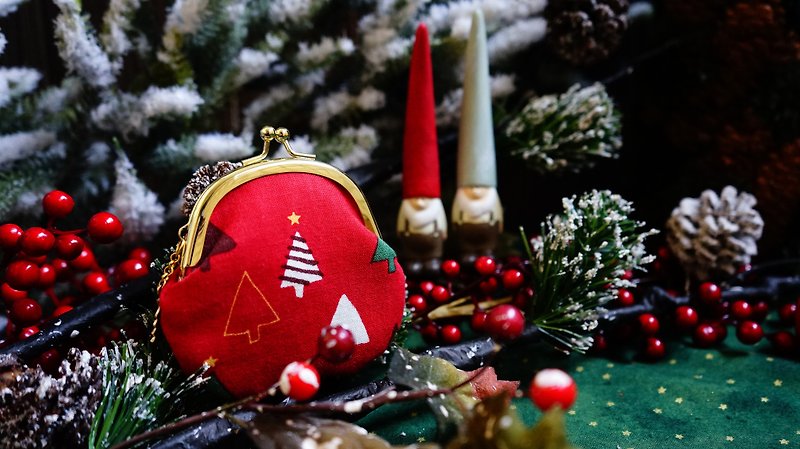 2018 Christmas Limited Edition - Happy Christmas Small Gold Bag - Attached Charm - กระเป๋าใส่เหรียญ - ผ้าฝ้าย/ผ้าลินิน สีแดง