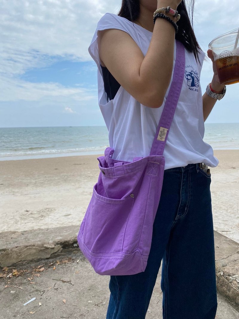 Underline Lavender Canvas Tote / Weekend bag / Shopping bag - 側背包/斜背包 - 棉．麻 紫色